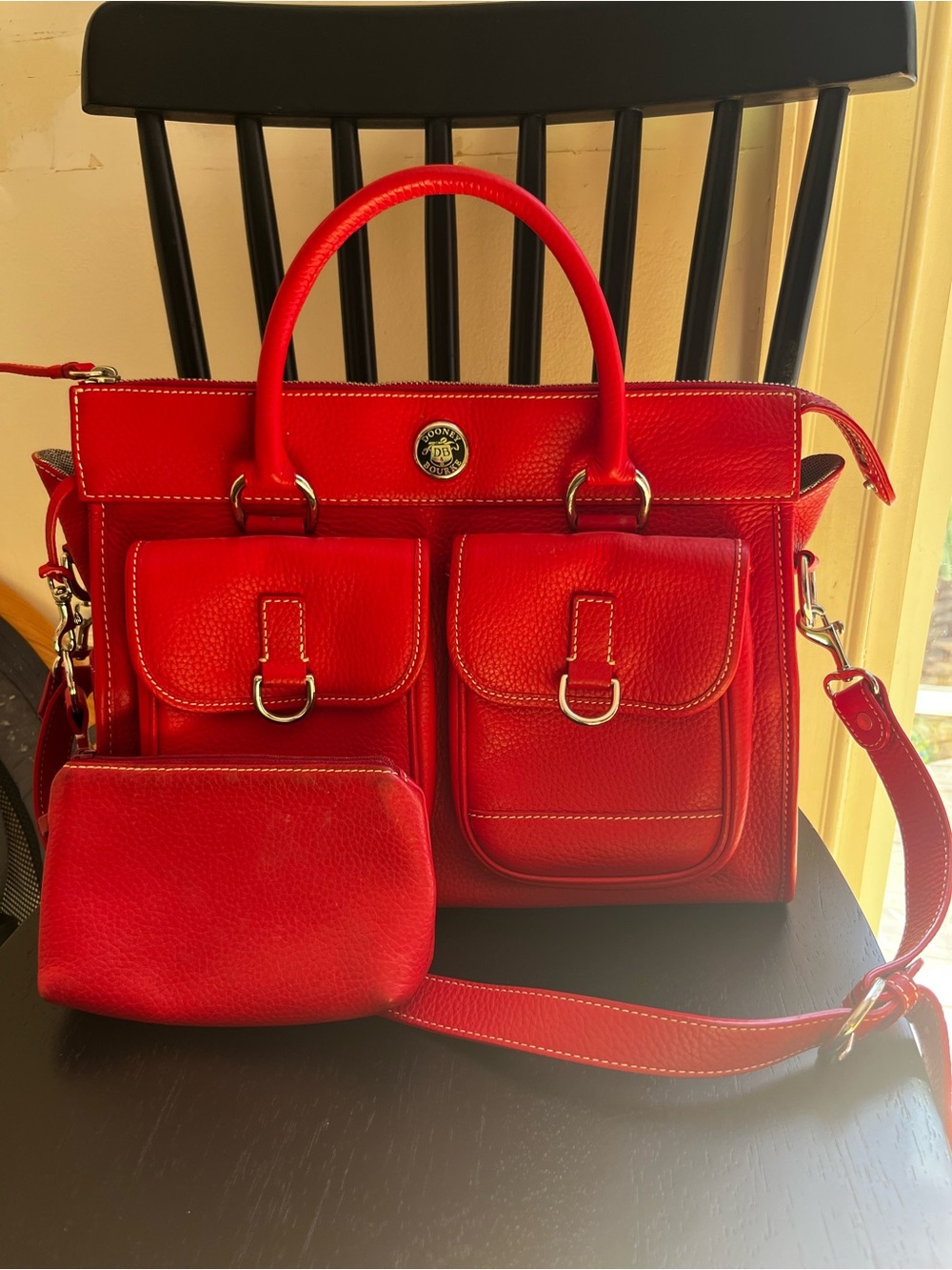 Dooney & Bourke Red Pebbled Leather Double Pocket Handbag w/ matching small bag